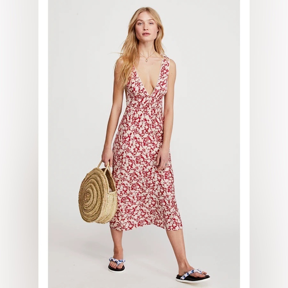 NWT Free People Red Cream Floral Deep Vneck Midi Dress size 2 - Picture 12 of 15